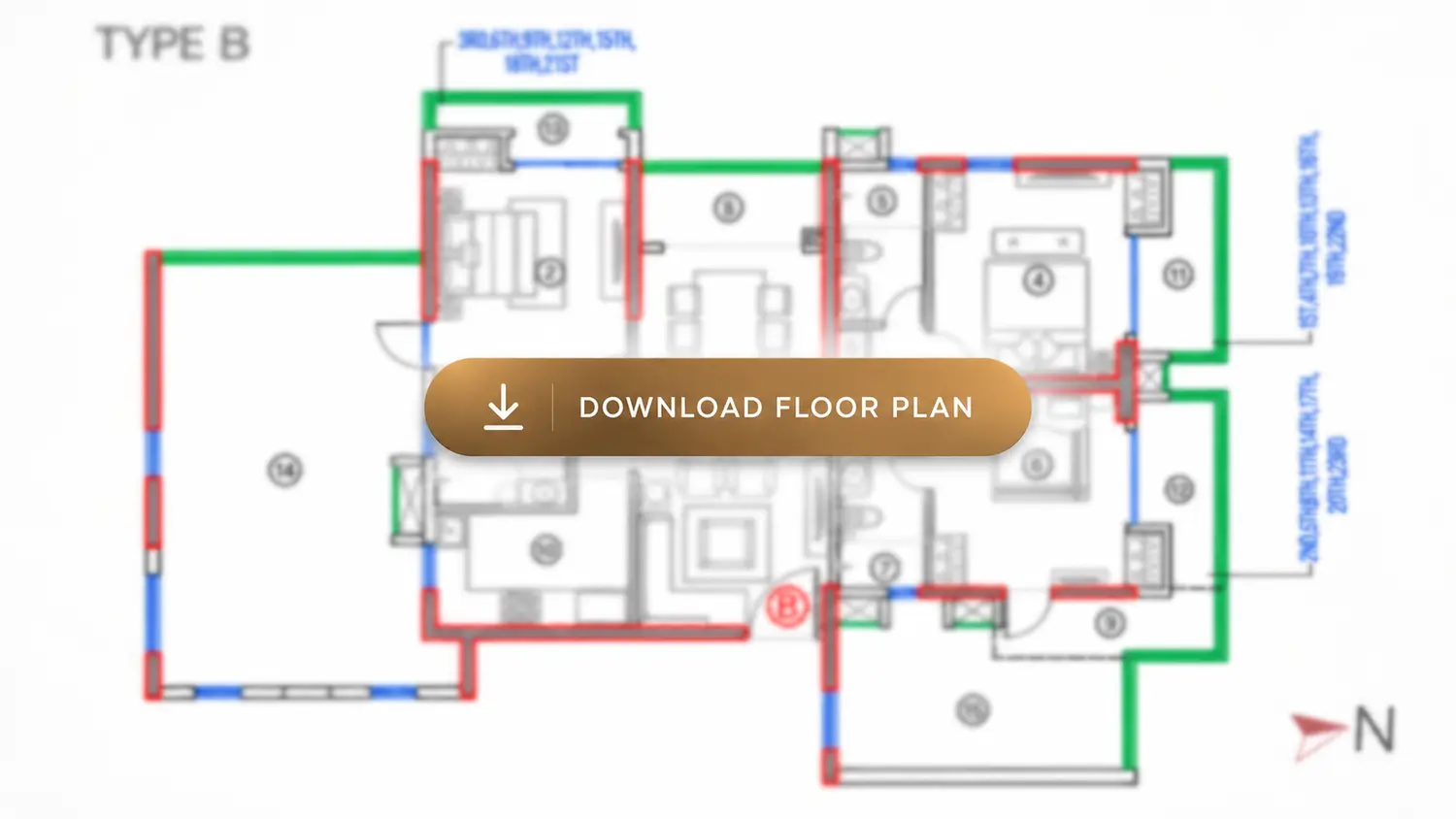 Anaaya Type B apartment floor plan featuring a spacious residential layout with bedrooms, living and dining areas, kitchen, bathrooms, balconies, and a prominent “Download Floor Plan” button.