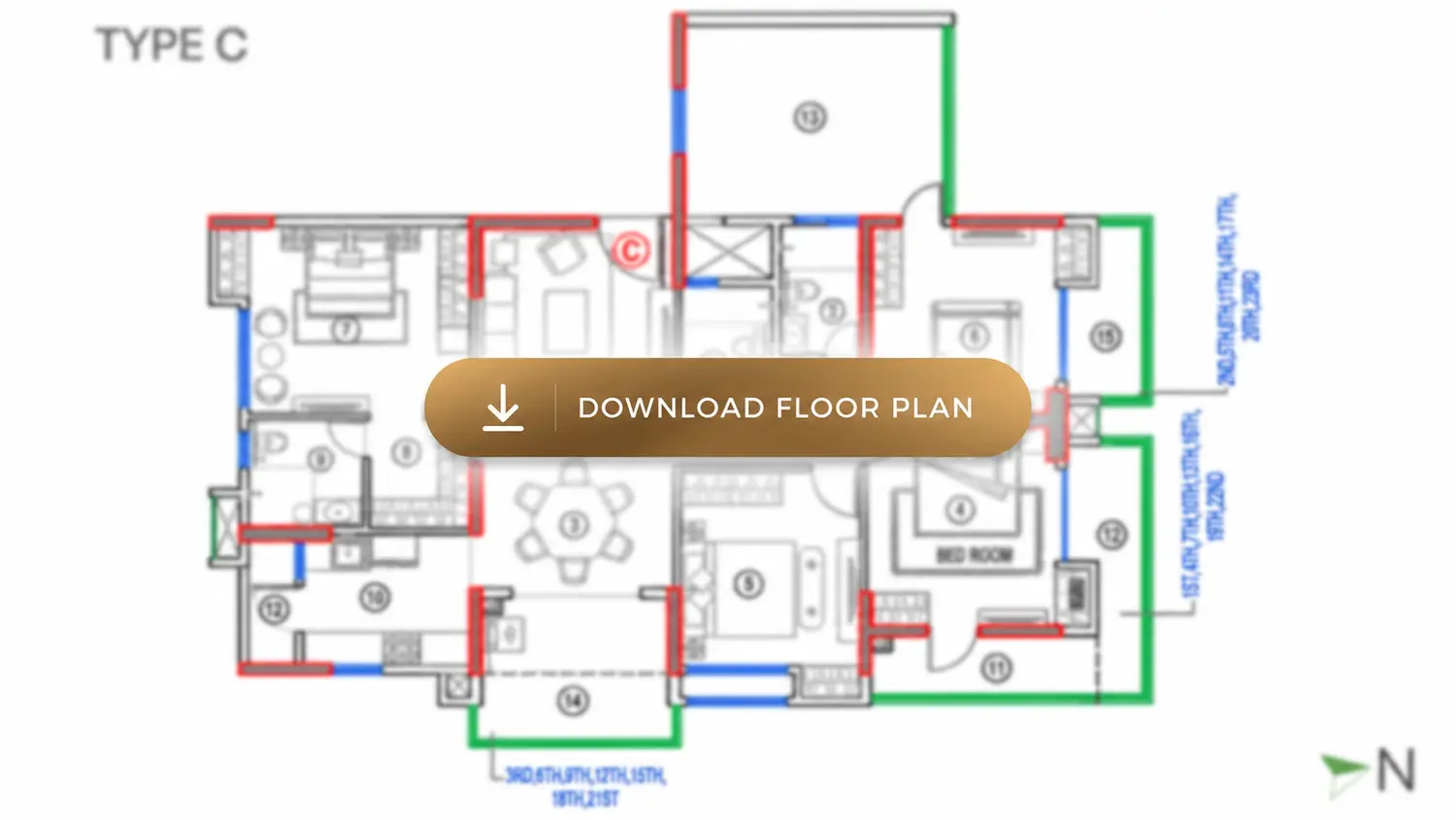 Anaaya Type C apartment floor plan showcasing a spacious residential layout with bedrooms, living and dining areas, kitchen, bathrooms, balconies, and a prominent “Download Floor Plan” button.