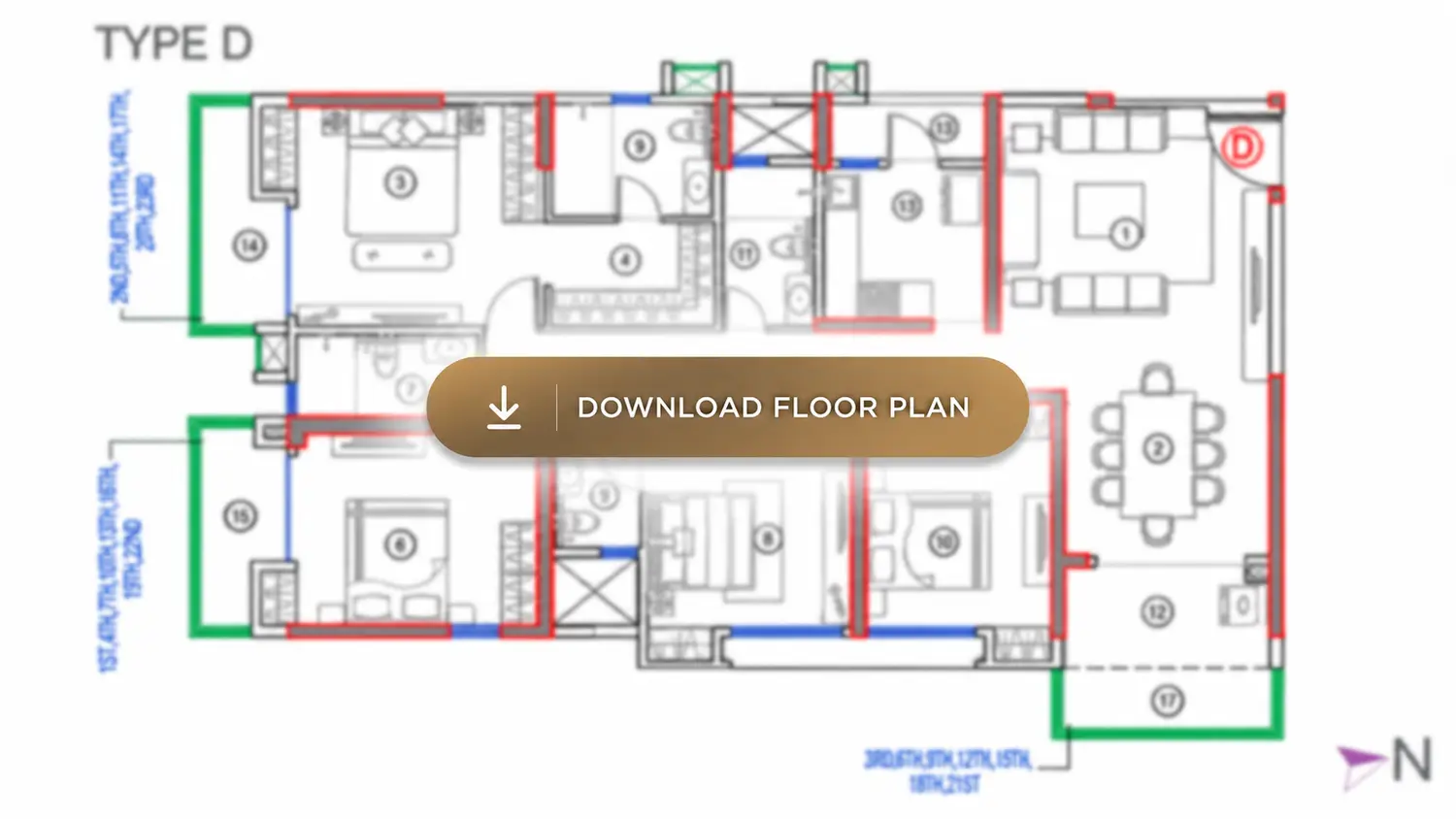 Anaaya Type D apartment floor plan featuring a spacious residential layout with bedrooms, living and dining areas, kitchen, bathrooms, balconies, and a prominent “Download Floor Plan” button.