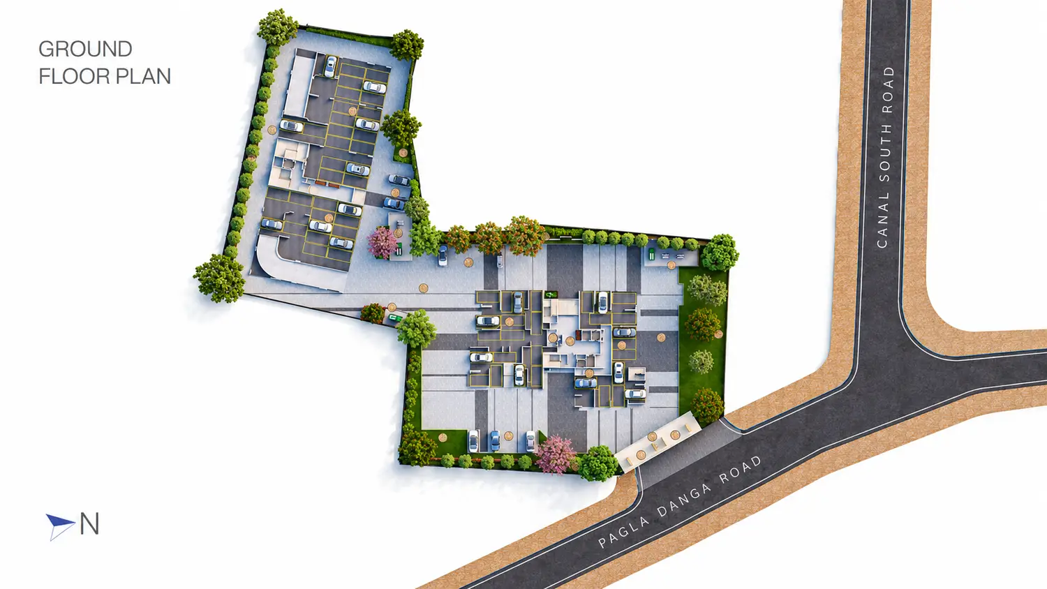 Anaaya ground floor master plan showing landscaped surroundings, internal driveways, parking areas, building entrances, green spaces, and connectivity to Pagla Danga Road and Canal South Road.