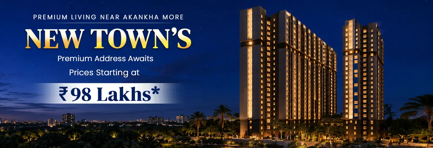 Bhawani Paraiso premium residential apartments at Rajarhat, showcasing illuminated high-rise towers against a night skyline, with spacious apartment and starting price details.
