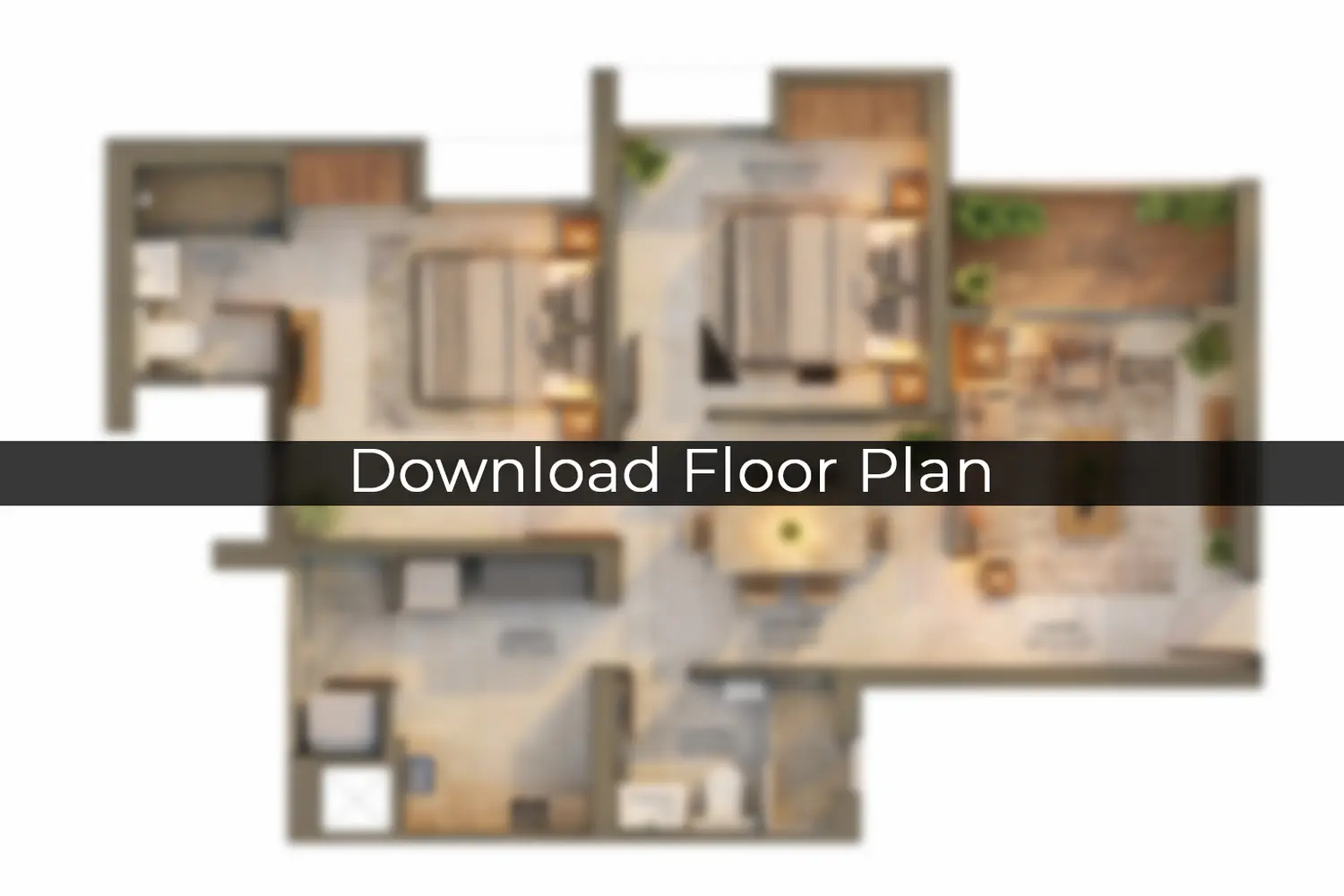 3D floor plan of a 2 BHK apartment at DTC Capital City, Rajarhat, Kolkata, showing two bedrooms, living and dining area, kitchen, bathrooms, and balcony with modern layout.