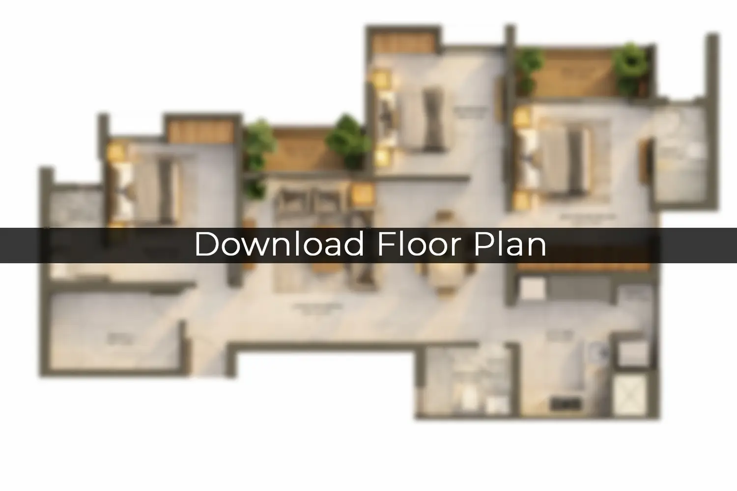 3D floor plan of a 3 BHK apartment at DTC Capital City, Rajarhat, Kolkata, showing three bedrooms, living and dining area, kitchen, bathrooms, and balcony with modern layout.