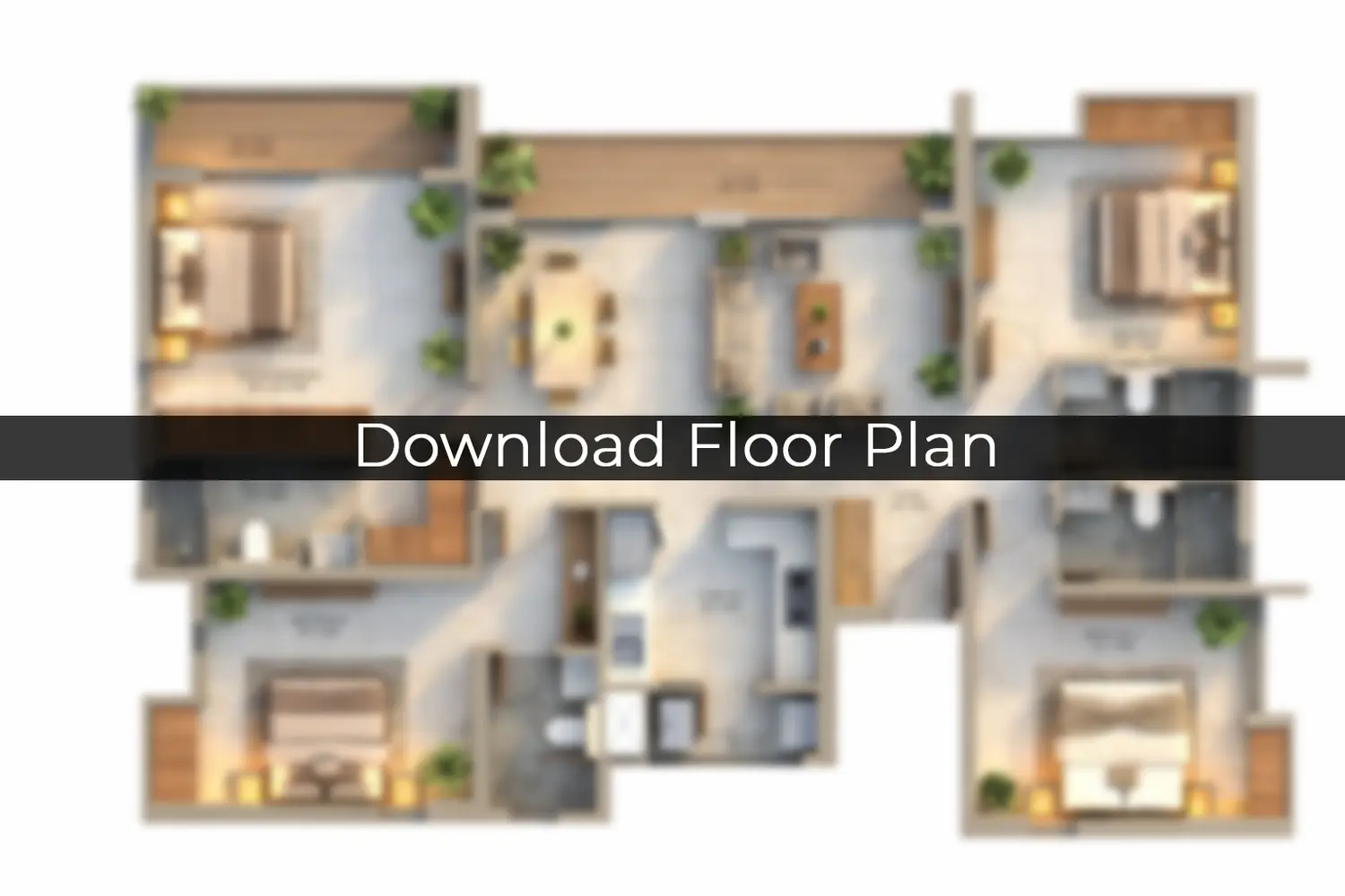 3D floor plan of a 4 BHK apartment at DTC Capital City, Rajarhat, Kolkata, showing three bedrooms, living and dining area, kitchen, bathrooms, and balcony with modern layout.
