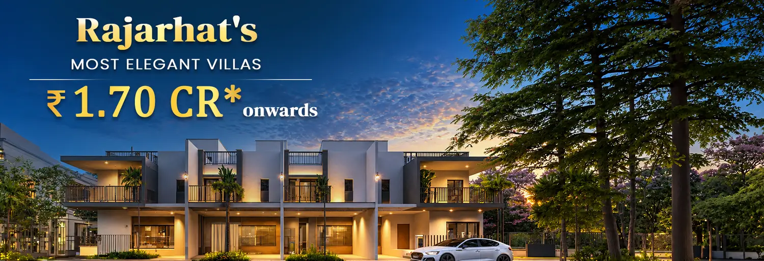Luxury independent villas at DTC Embassy Villas featuring modern architecture, private residences, landscaped surroundings, and tree-lined avenues in Rajarhat, Kolkata.