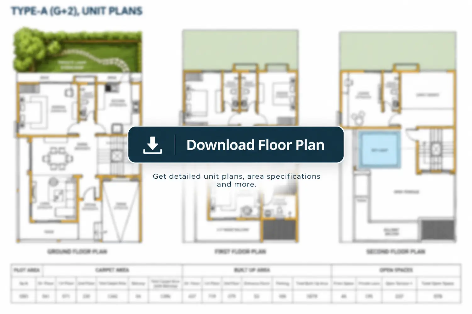 DTC Embassy Villas Type A (G+2) floor plan featuring a three-level independent villa with bedrooms, living and dining spaces, private lawn, open terrace, balcony, and parking.
