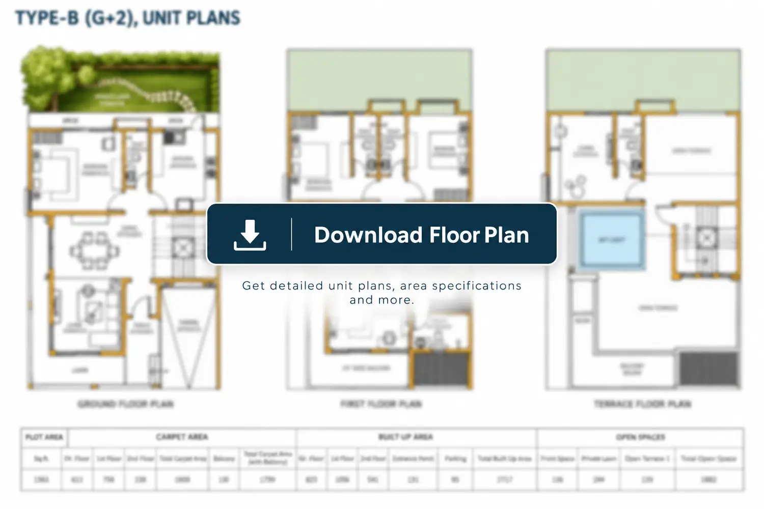 Type B (G+2) villa floor plan at DTC Embassy Villas in Rajarhat, Kolkata, featuring ground, first, and terrace floor layouts with private lawn, open terrace, balconies, parking, and spacious living areas.