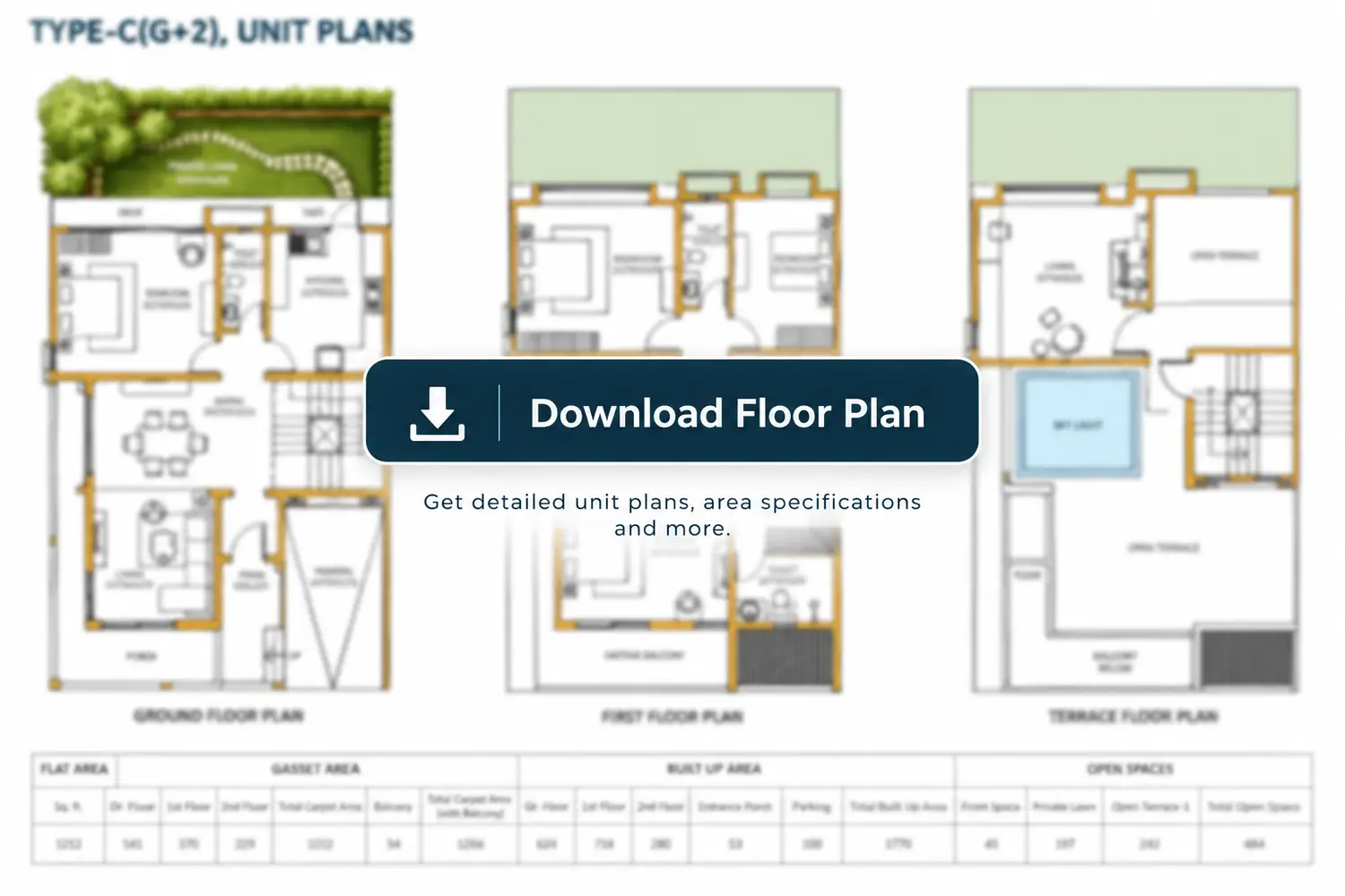 Type C (G+2) villa floor plan at DTC Embassy Villas in Rajarhat, Kolkata, featuring ground, first, and terrace floor layouts with private lawn, open terrace, balcony, parking, and spacious living areas.