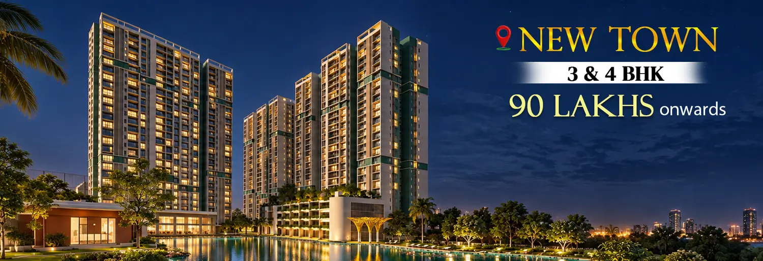 DTC Still Waters luxury residential development at night, featuring illuminated high-rise towers, landscaped gardens, a large swimming pool and a city skyline. Promotional text highlights New Town, 3 & 4 BHK residences, starting from ₹90 lakhs.