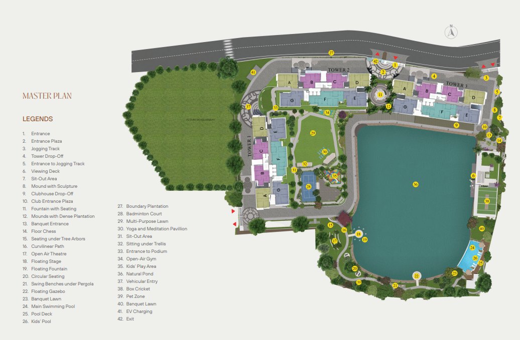 Master plan layout of DTC Still Waters, New Town, Kolkata, showing residential towers, internal roads, landscaped open spaces, entry and exit points, and designated future development areas.