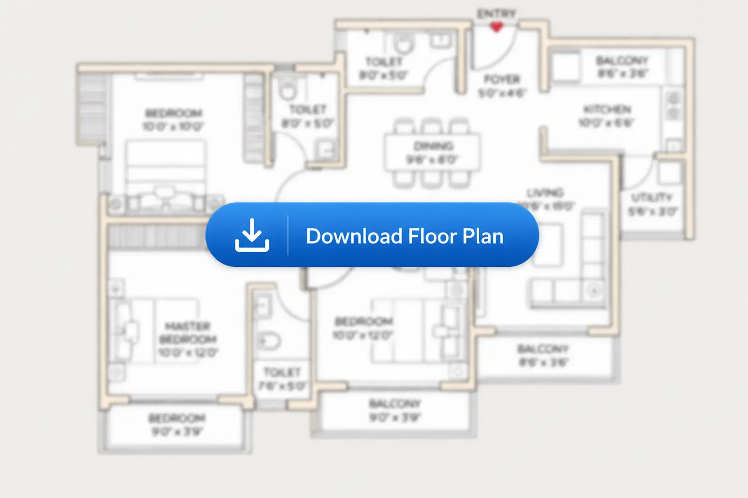 3D floor plan of a 3 BHK + 3T apartment at DTC Still Waters, New Town, Kolkata, showing two bedrooms, living and dining area, kitchen, bathrooms, and balcony with modern layout.