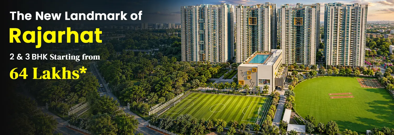 Merlin Rise luxury residential project in Rajarhat, Kolkata, featuring modern high-rise towers, landscaped green spaces, a swimming pool, sports fields, and 2 & 3 BHK residences starting from ₹64 lakhs.