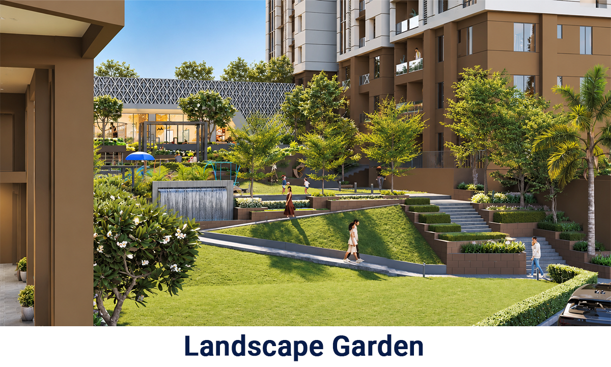 Bhawani Paraiso landscape garden featuring lush green lawns, landscaped pathways, tiered gardens, ornamental plants, a cascading water feature and modern residential buildings.