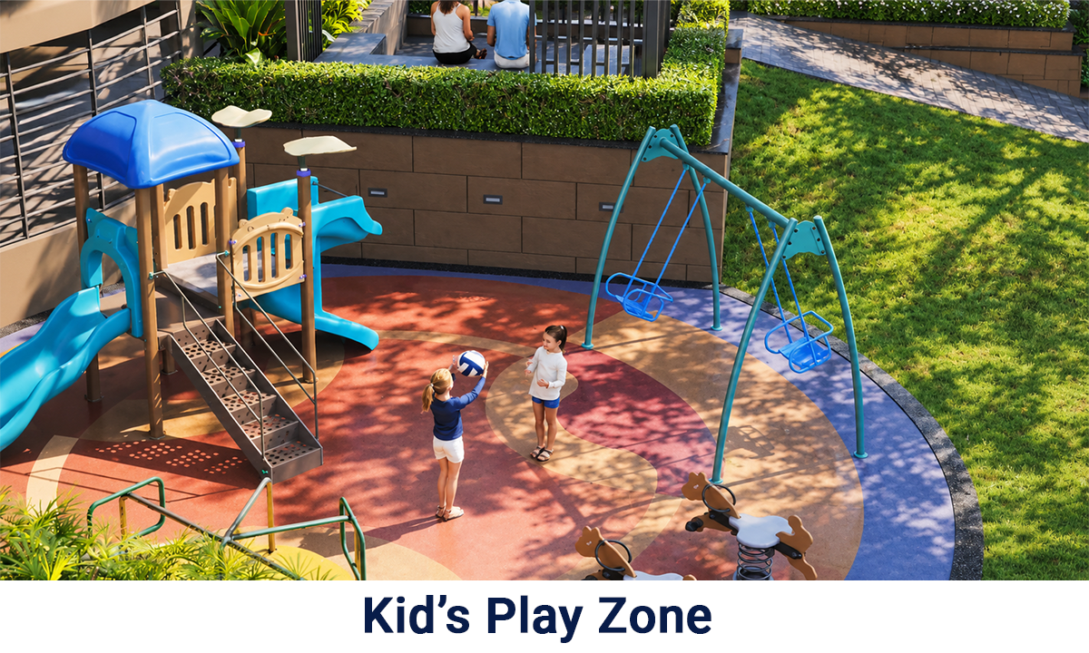 Bhawani Paraiso kids’ play zone featuring slides, swings, spring riders, and a colourful outdoor play area surrounded by landscaped greenery.