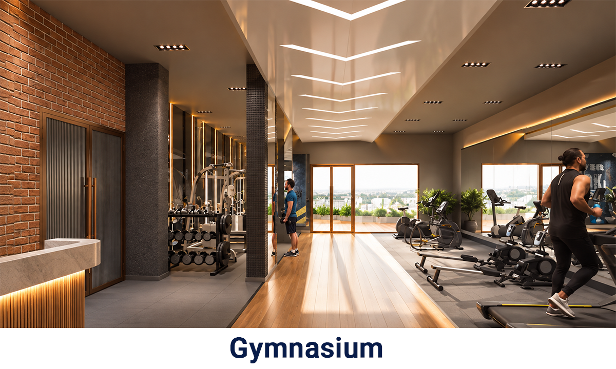 Bhawani Paraiso gymnasium featuring modern fitness equipment, treadmills, weight-training machines, full-length mirrors and panoramic city views.