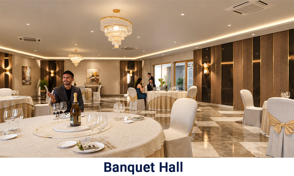Bhawani Paraiso banquet hall featuring an elegant dining setup with round tables, upholstered chairs, chandeliers, warm ambient lighting and a sophisticated interior.