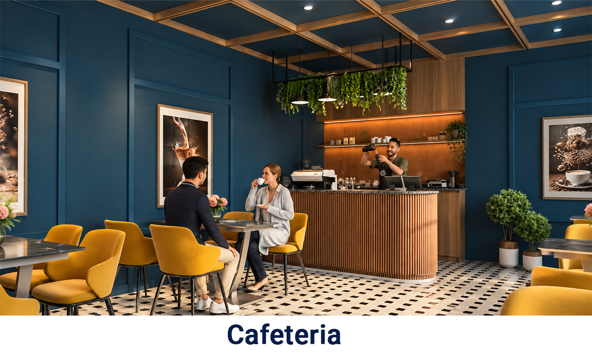 Bhawani Paraiso cafeteria featuring a stylish café counter, comfortable seating, warm lighting, indoor plants, and a contemporary dining lounge.