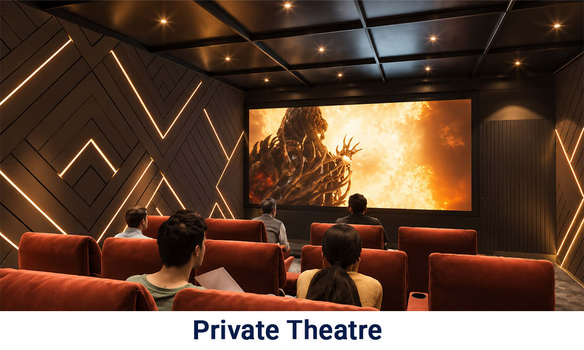 Bhawani Paraiso private theatre featuring comfortable cinema-style seating, a large projection screen and a modern, immersive interior with ambient lighting.