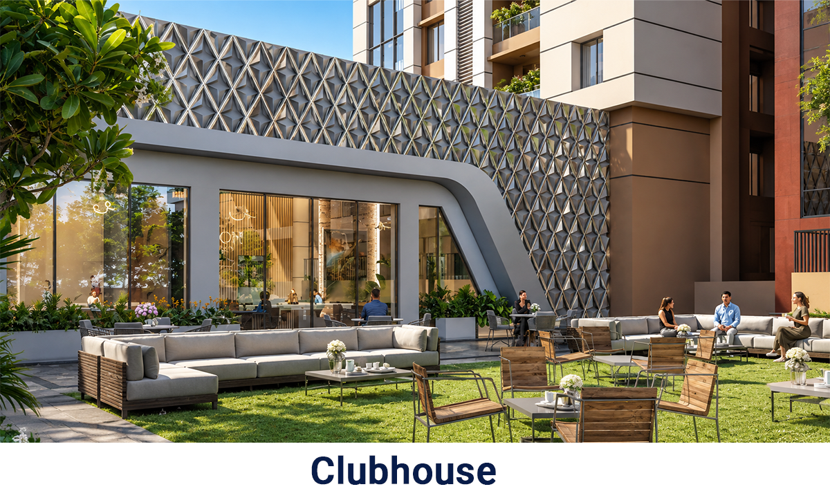 Bhawani Paraiso clubhouse featuring a landscaped outdoor seating area with comfortable lounge sofas, café-style tables, lush greenery and a modern clubhouse building.