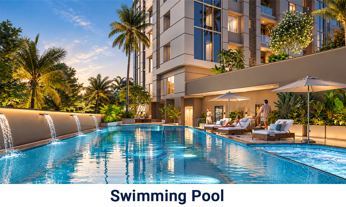 Bhawani Paraiso swimming pool surrounded by lush tropical landscaping, palm trees, modern apartments and poolside lounge seating.