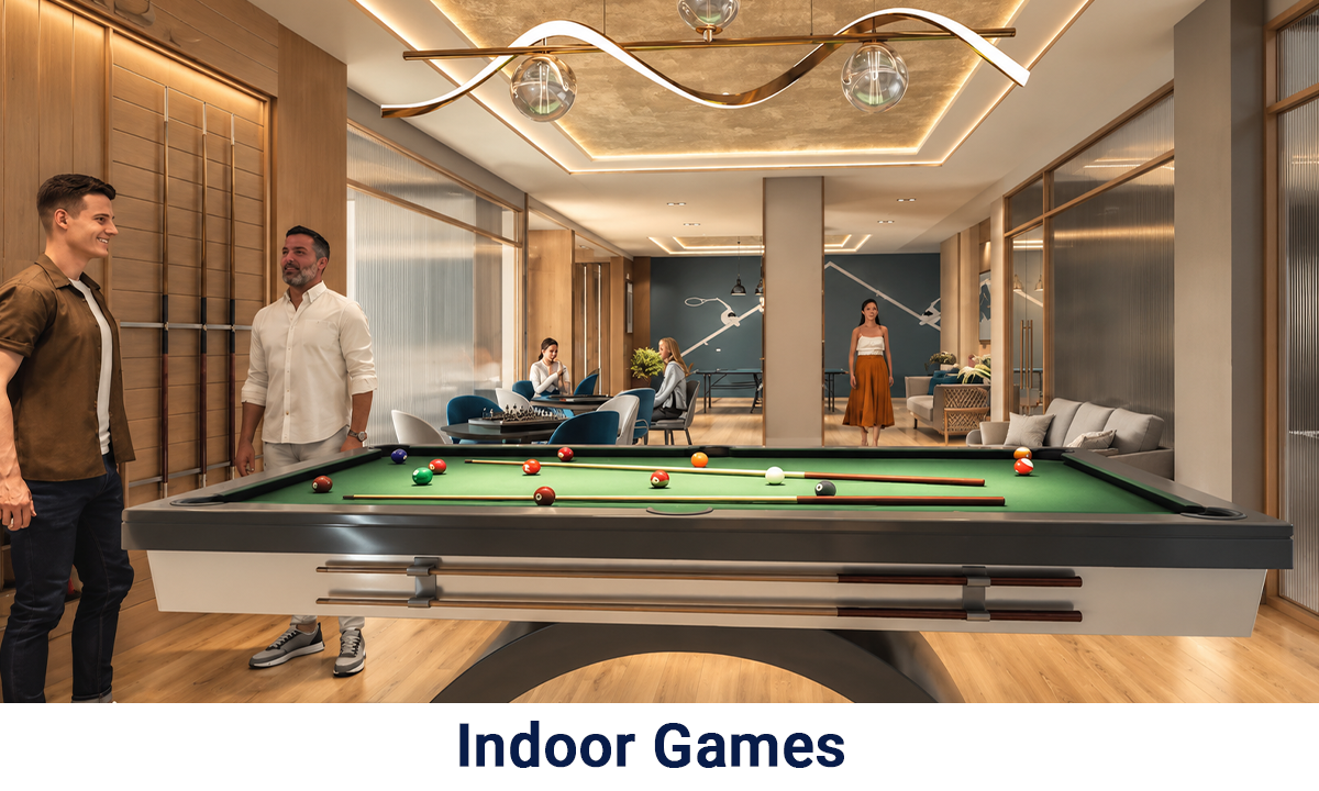 Bhawani Paraiso indoor games area featuring a modern billiards table, comfortable seating, elegant interiors and a recreational lounge space.