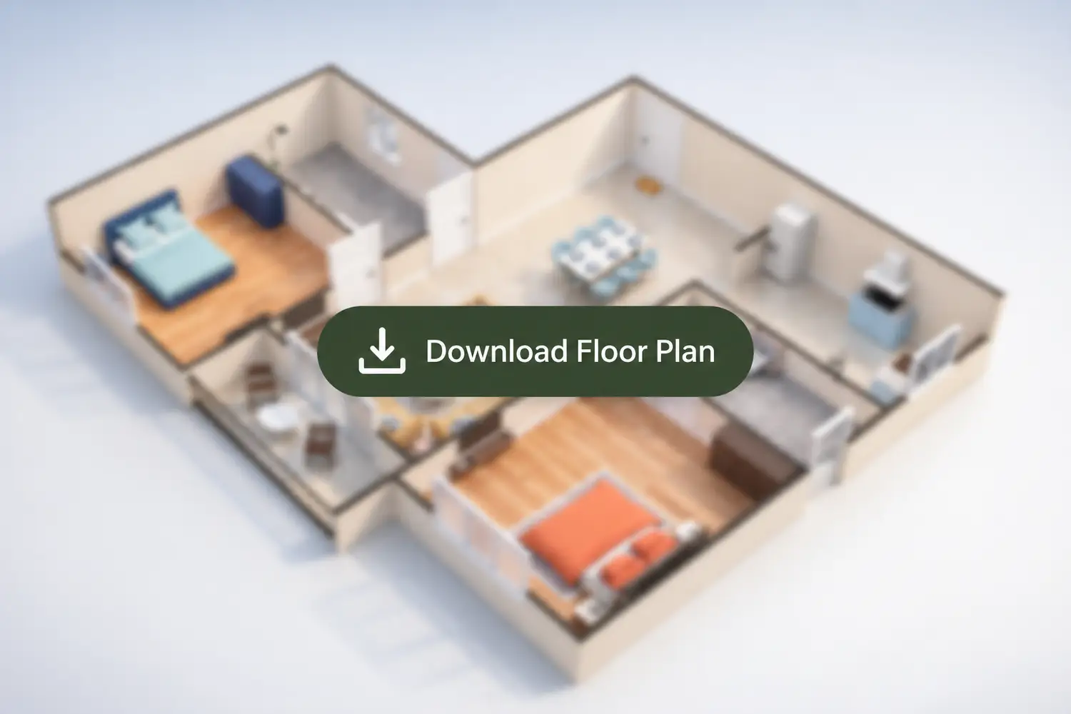 3D floor plan of a 2 BHK apartment at Bhawani Paraiso, New Town, Kolkata, showing two bedrooms, living and dining area, kitchen, bathrooms, and balcony with modern layout.