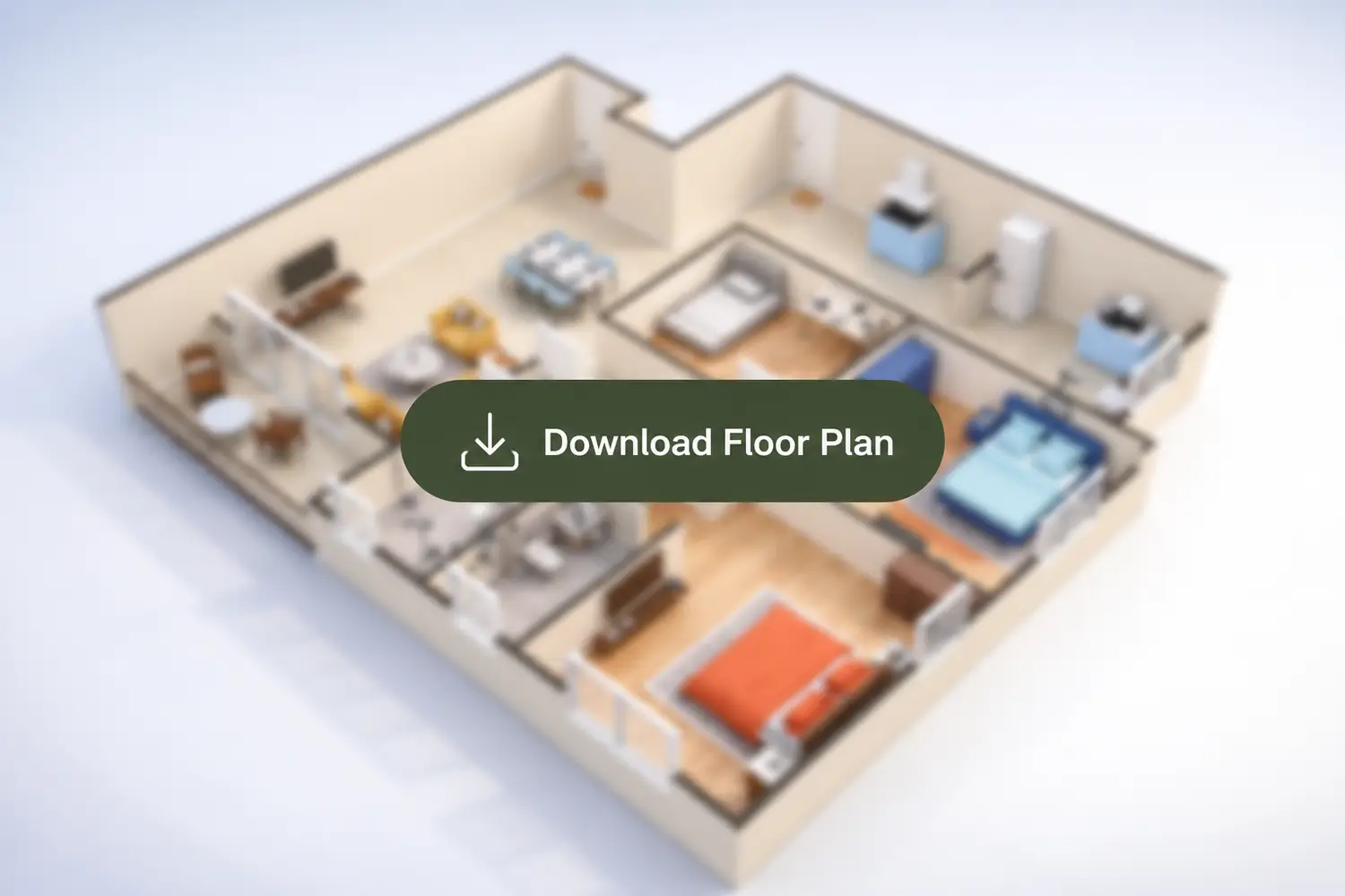 3D floor plan of a 3 BHK apartment at Bhawani Paraiso, New Town, Kolkata, showcasing three bedrooms, spacious living and dining area, kitchen, multiple bathrooms, and a balcony with a well-planned modern layout.
