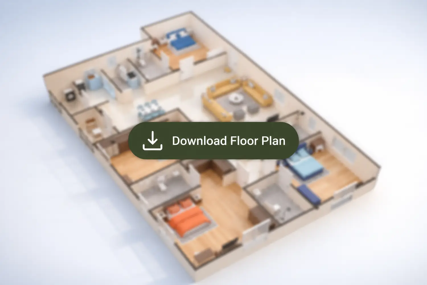 3D floor plan of a 4 BHK apartment at Bhawani Paraiso, New Town, Kolkata, featuring four spacious bedrooms, expansive living and dining area, modern kitchen, multiple bathrooms, and a well-planned premium layout.