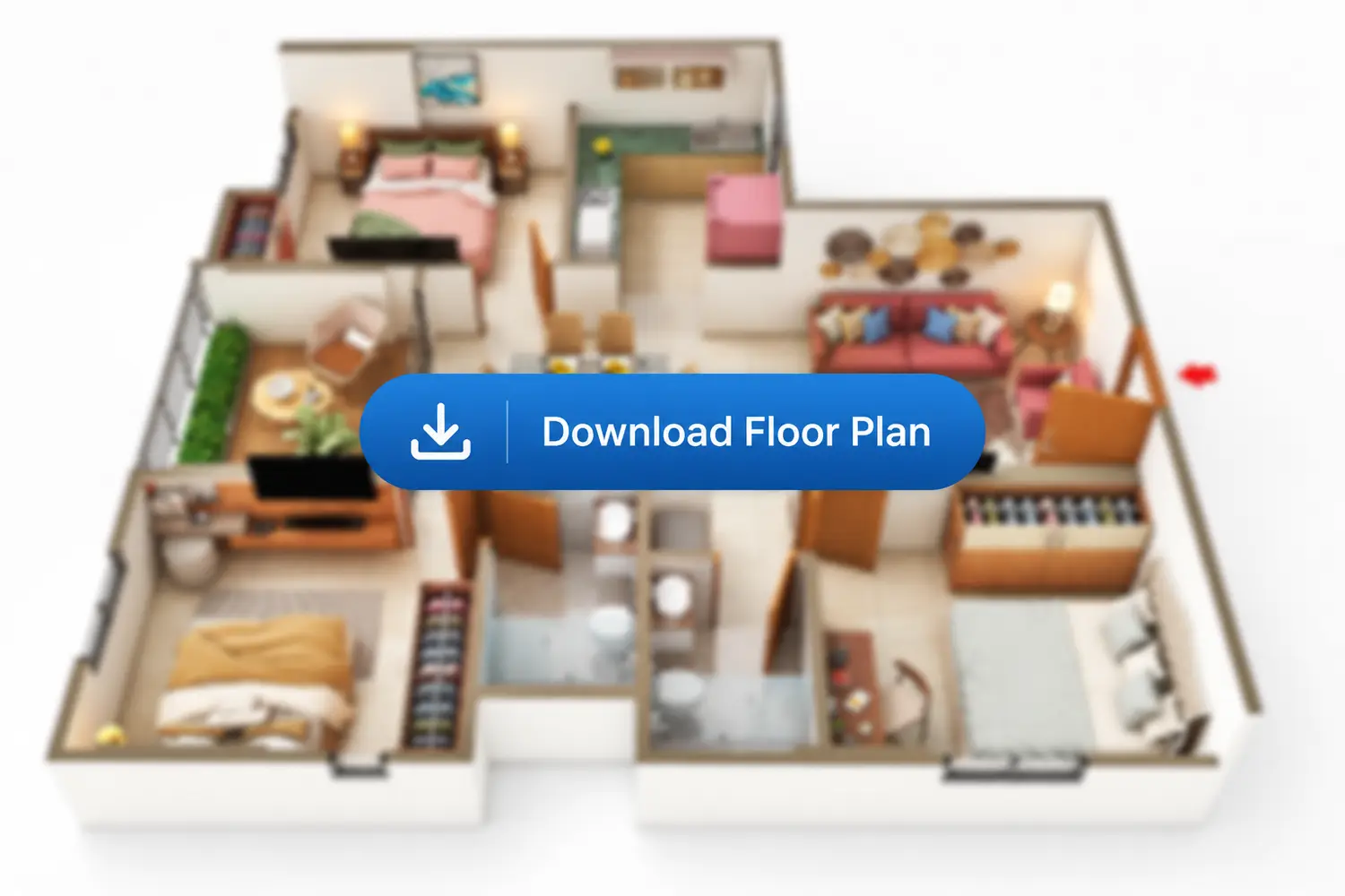 3D floor plan of a 3 BHK apartment at Purti Tatsam, Rajarhat, Kolkata, showing two bedrooms, living and dining area, kitchen, bathrooms, and balcony with modern layout.