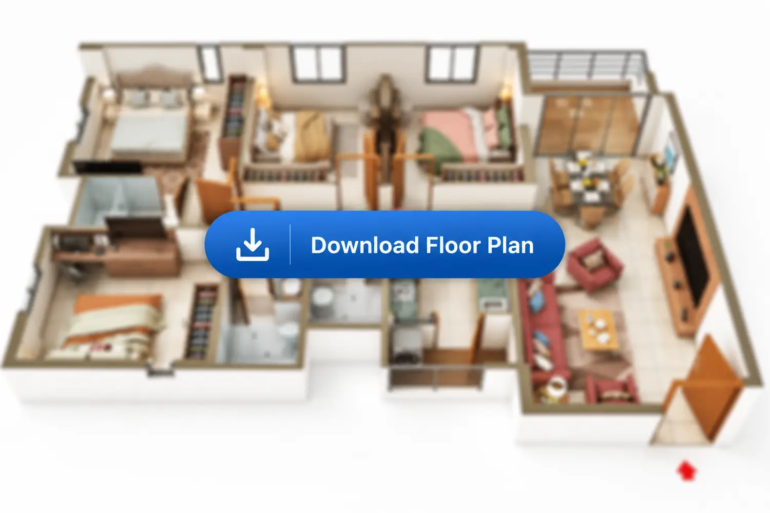 3D floor plan of a 4 BHK apartment at Purti Tatsam, Rajarhat, Kolkata, showing two bedrooms, living and dining area, kitchen, bathrooms, and balcony with modern layout.