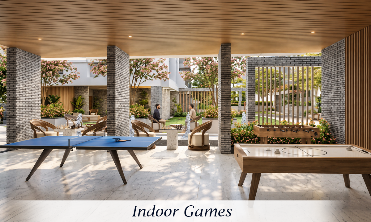 Purti Tatsam indoor recreational area featuring a table tennis table, foosball table, board game seating, landscaped courtyard views and contemporary brick-and-wood architecture.