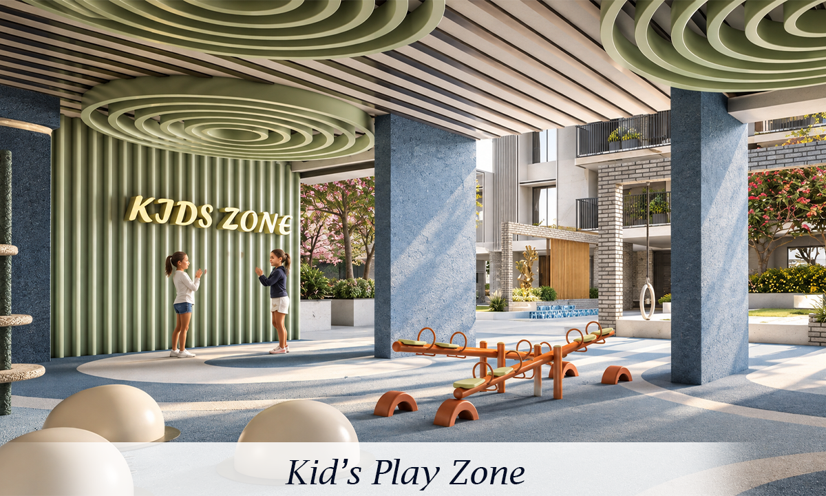 Purti Tatsam kids’ play zone featuring colorful outdoor play equipment, balance seesaws, climbing elements, landscaped greenery and a modern residential courtyard with a dedicated Kids Zone area.