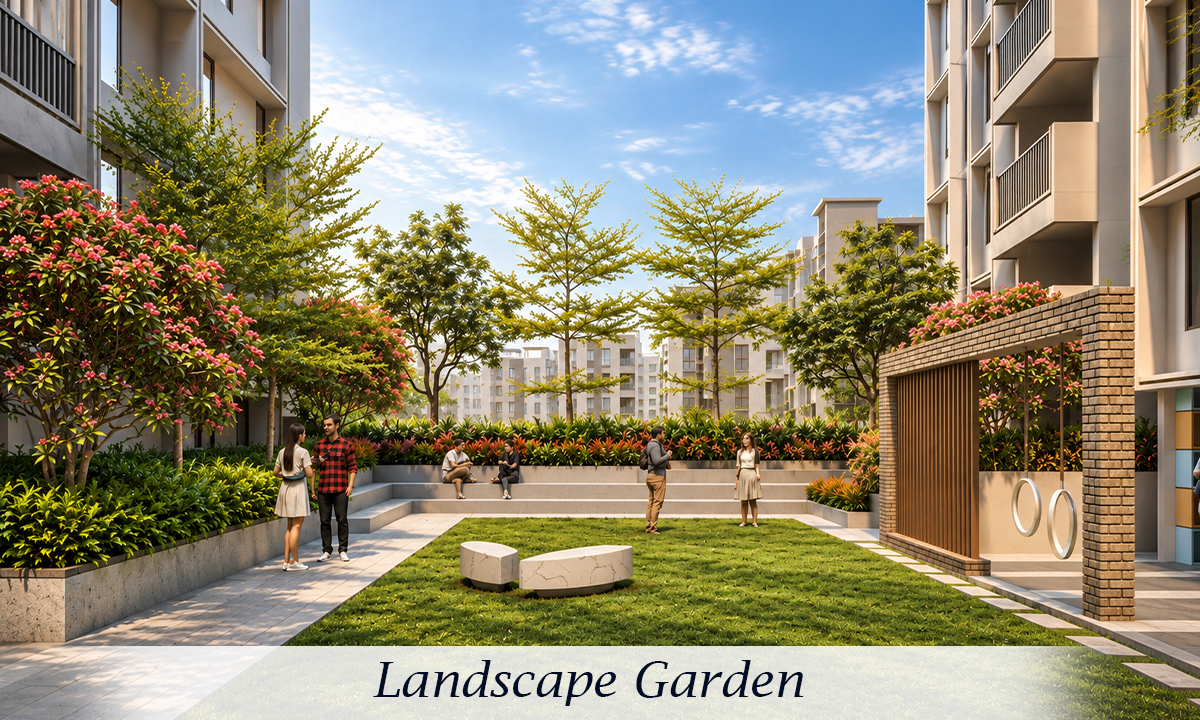Purti Tatsam landscaped residential courtyard with lush greenery, flowering plants, a central lawn, seating areas, walking paths, and modern apartment buildings surrounding the community space.