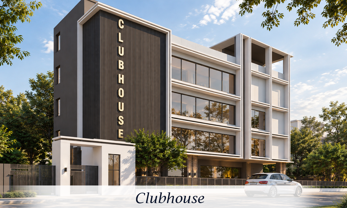 Purti Tatsam clubhouse building with a contemporary white and charcoal façade, large glass windows, landscaped greenery, a gated entrance, and a parked car along the street under a bright sky.