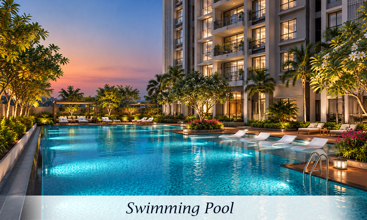 Purti Tatsam luxury rooftop swimming pool at dusk, featuring a landscaped pool deck with lounge chairs, flowering plants, palm trees, and a modern high-rise residential tower overlooking a city skyline.