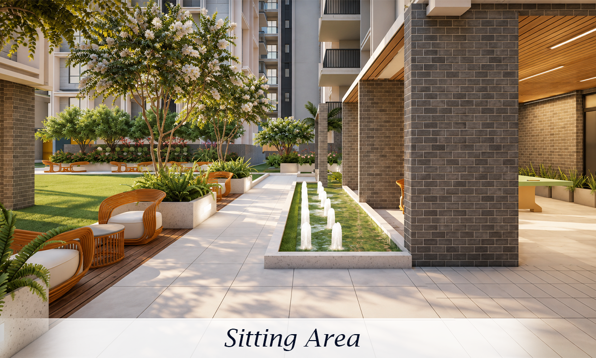 Purti Tatsam landscaped sitting area with lush greenery, flowering trees, outdoor lounge seating, a paved walkway, decorative water fountain, and contemporary residential buildings surrounding the courtyard.
