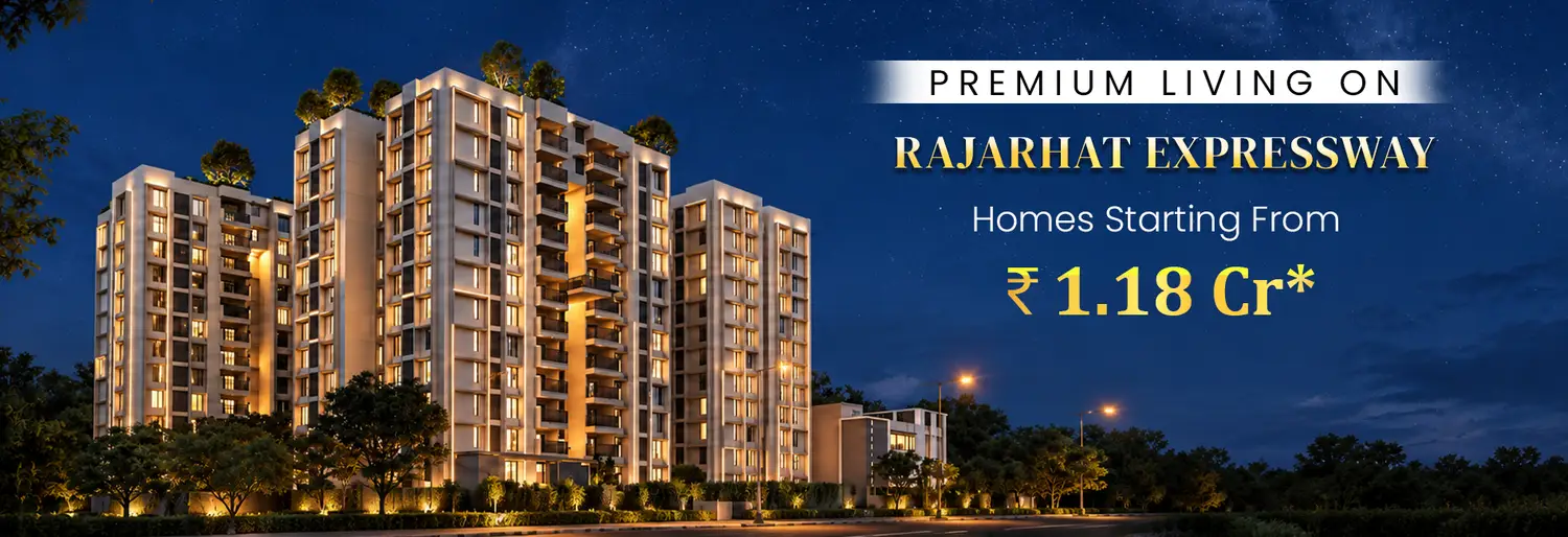 Purti Tatsam premium residential development near Rajarhat Expressway, featuring modern multi-storey apartment towers surrounded by landscaped greenery. Promotional text highlights premium living on Rajarhat Expressway with homes starting from ₹1.18 Cr.