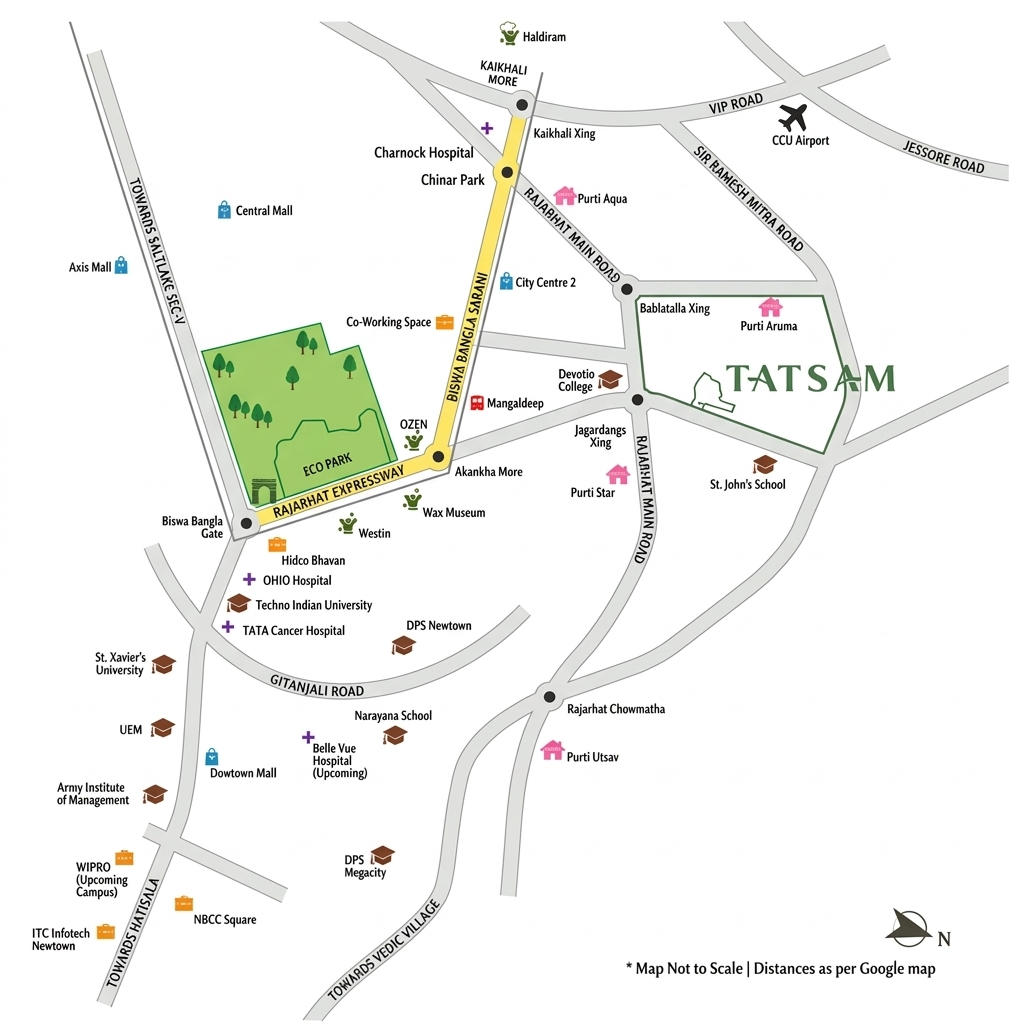 Location map of Purti Tatsam showing connectivity to Rajarhat Main Road, Eco Park, City Centre 2, Chinar Park, Jessore Road, nearby schools, hospitals, malls, and key landmarks in New Town and Rajarhat.