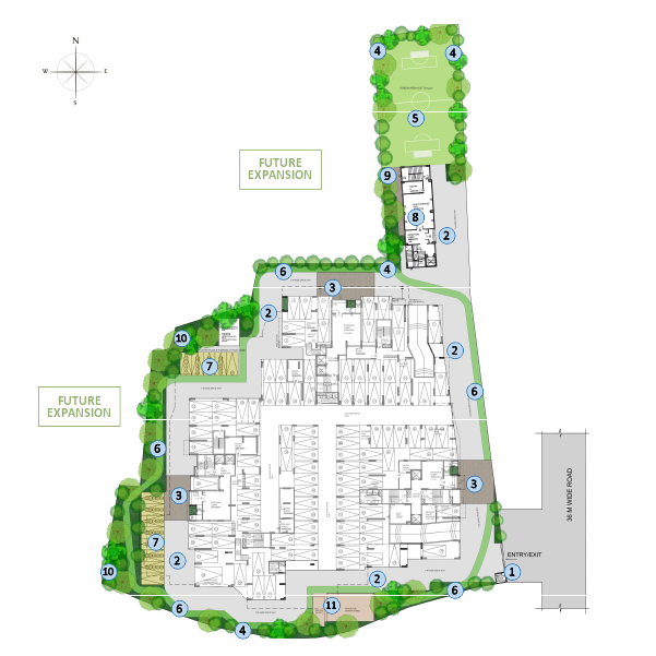 Master plan layout of Purti Tatsam, Rajarhat, Kolkata, showing residential towers, internal roads, landscaped open spaces, entry and exit points, and designated future development areas.