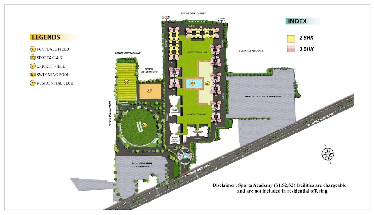 Master plan of Merlin Rise showing residential towers, sports facilities, landscaped areas, and layout along Rajarhat Main Road.