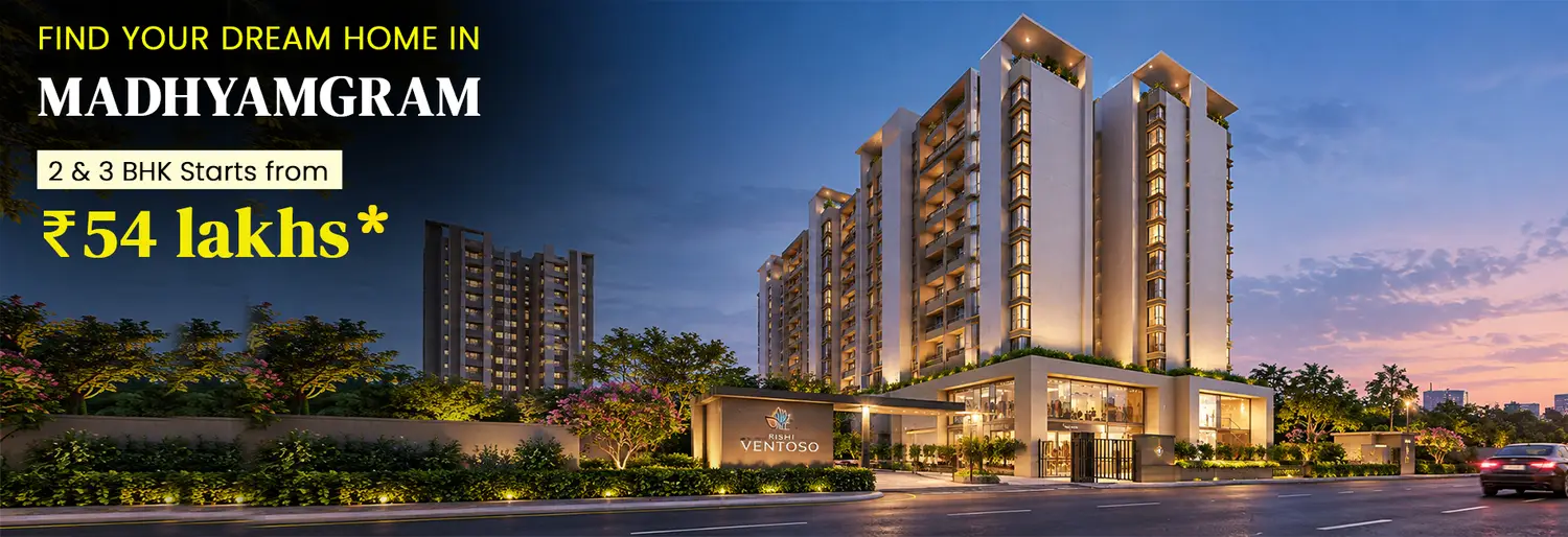 Rishi Ventoso premium residential project in Madhyamgram, Kolkata, featuring modern high-rise towers, landscaped surroundings, a stylish entrance, and 2 & 3 BHK homes starting from ₹54 lakhs.
