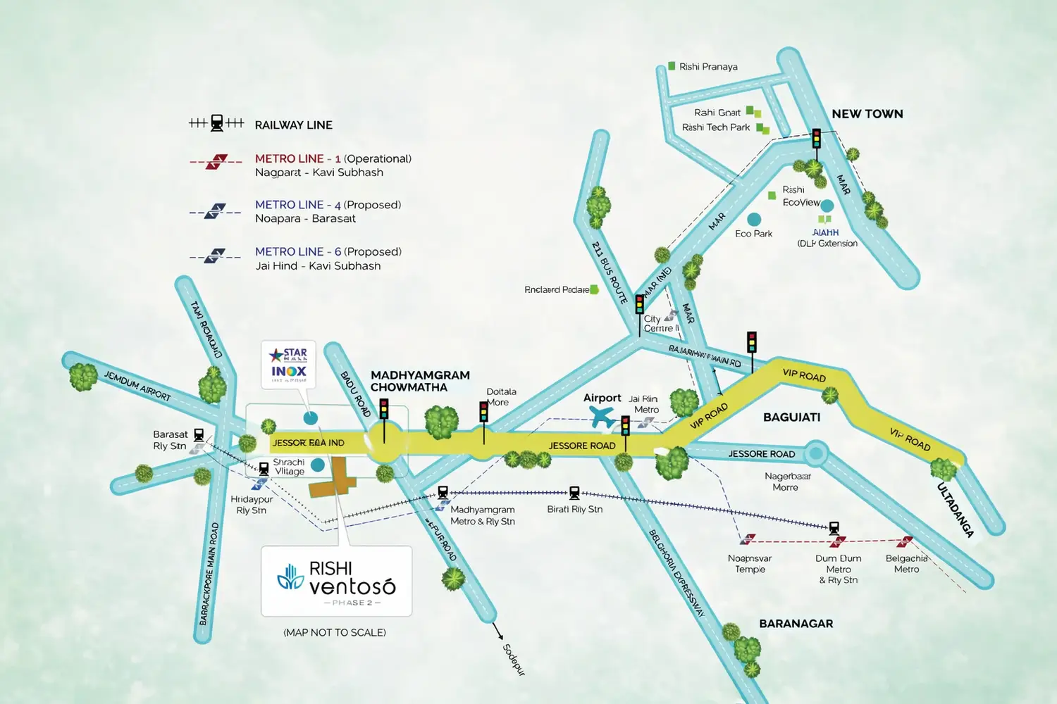Location map of Rishi Ventoso Phase 2 showing connectivity via Jessore Road, VIP Road, Rajarhat Main Road, and nearby areas like Madhyamgram, Baguiati, New Town, and Baranagar, with key landmarks including airport access, railway stations, and proposed metro lines