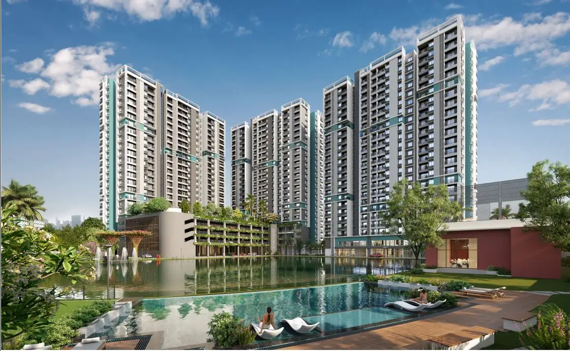 Still Waters luxury residential apartments with high-rise towers, waterfront landscape, swimming pool, and landscaped gardens.