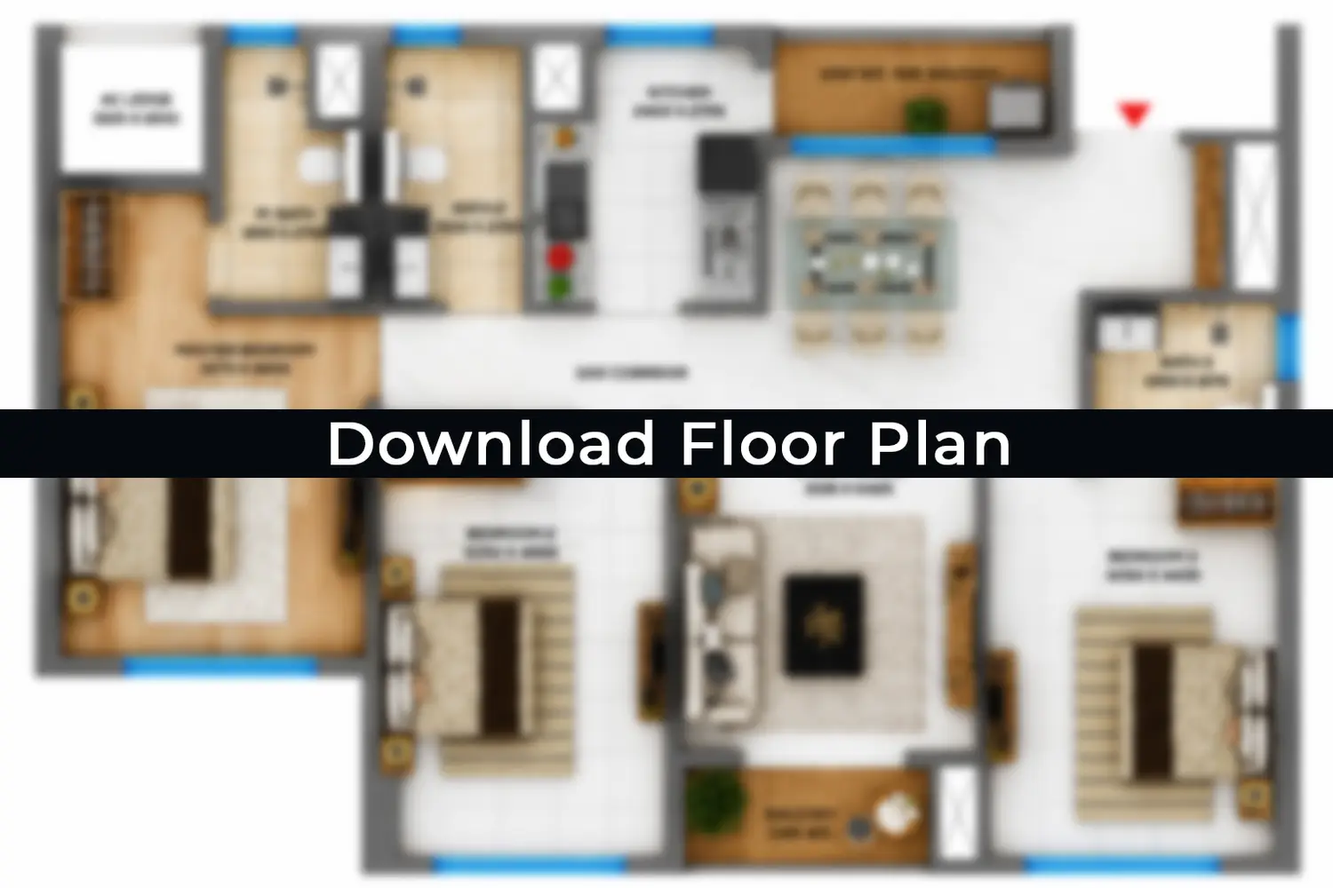 Trayam 3 BHK apartment floor plan showing a spacious living and dining area, master bedroom, two additional bedrooms, kitchen, bathrooms, corridor, utility area and balcony with detailed furniture layout.