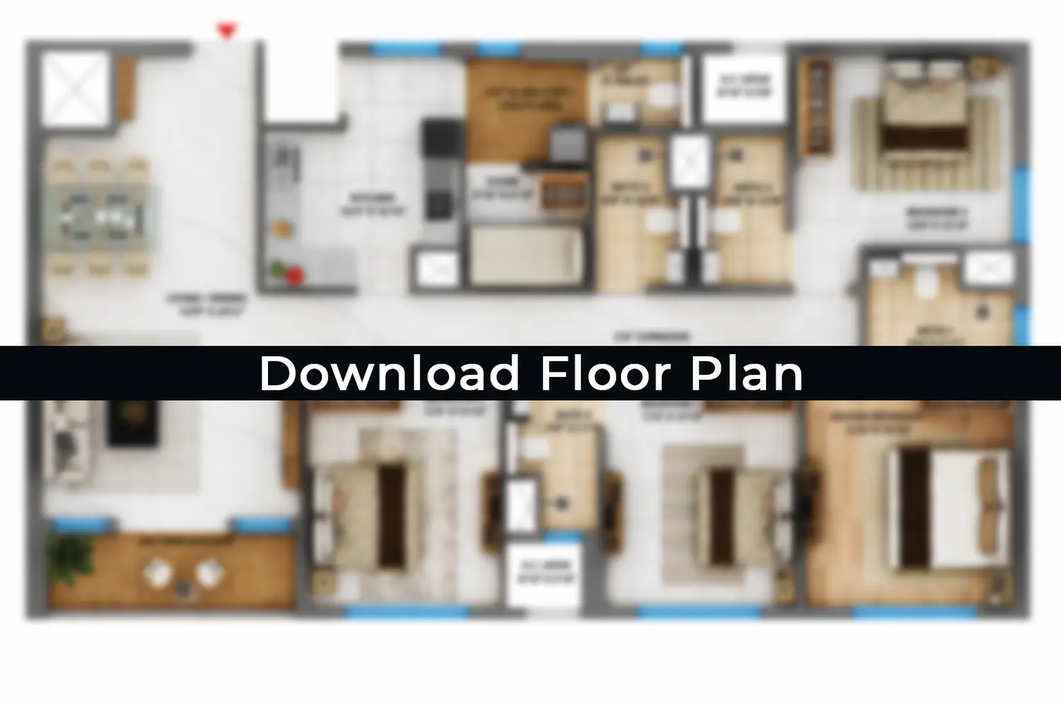Peerless Trayam 4 BHK apartment floor plan showing a spacious living and dining area, master bedroom, three additional bedrooms, kitchen, multiple bathrooms, central corridor, utility area, and balcony with a detailed furniture layout.