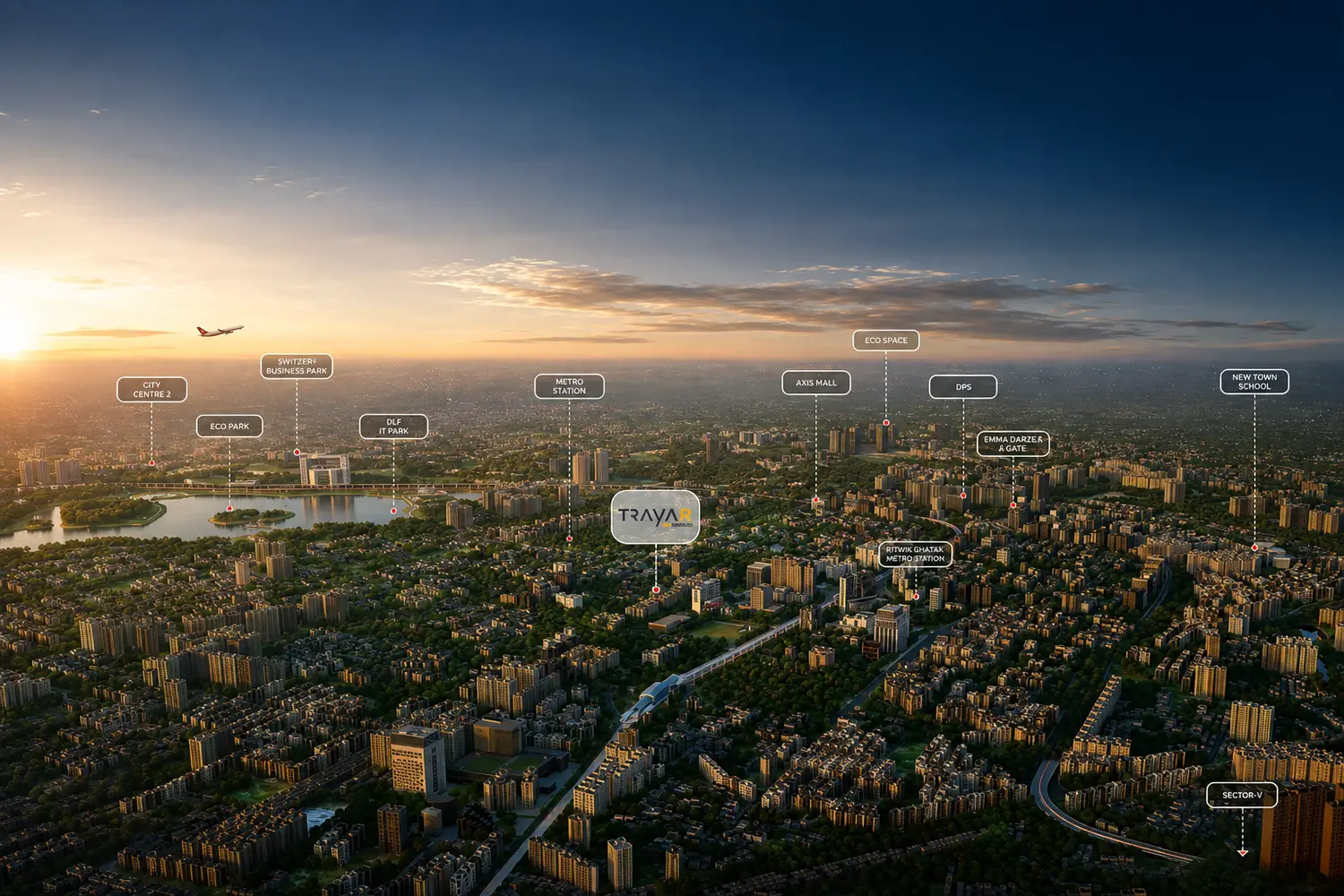 Aerial location map of Peerless Trayam in New Town, Kolkata, highlighting its connectivity to Eco Park, City Centre 2, Switzer Business Park, DLF IT Park, metro stations, Axis Mall, DPS, New Town School, and surrounding residential areas.