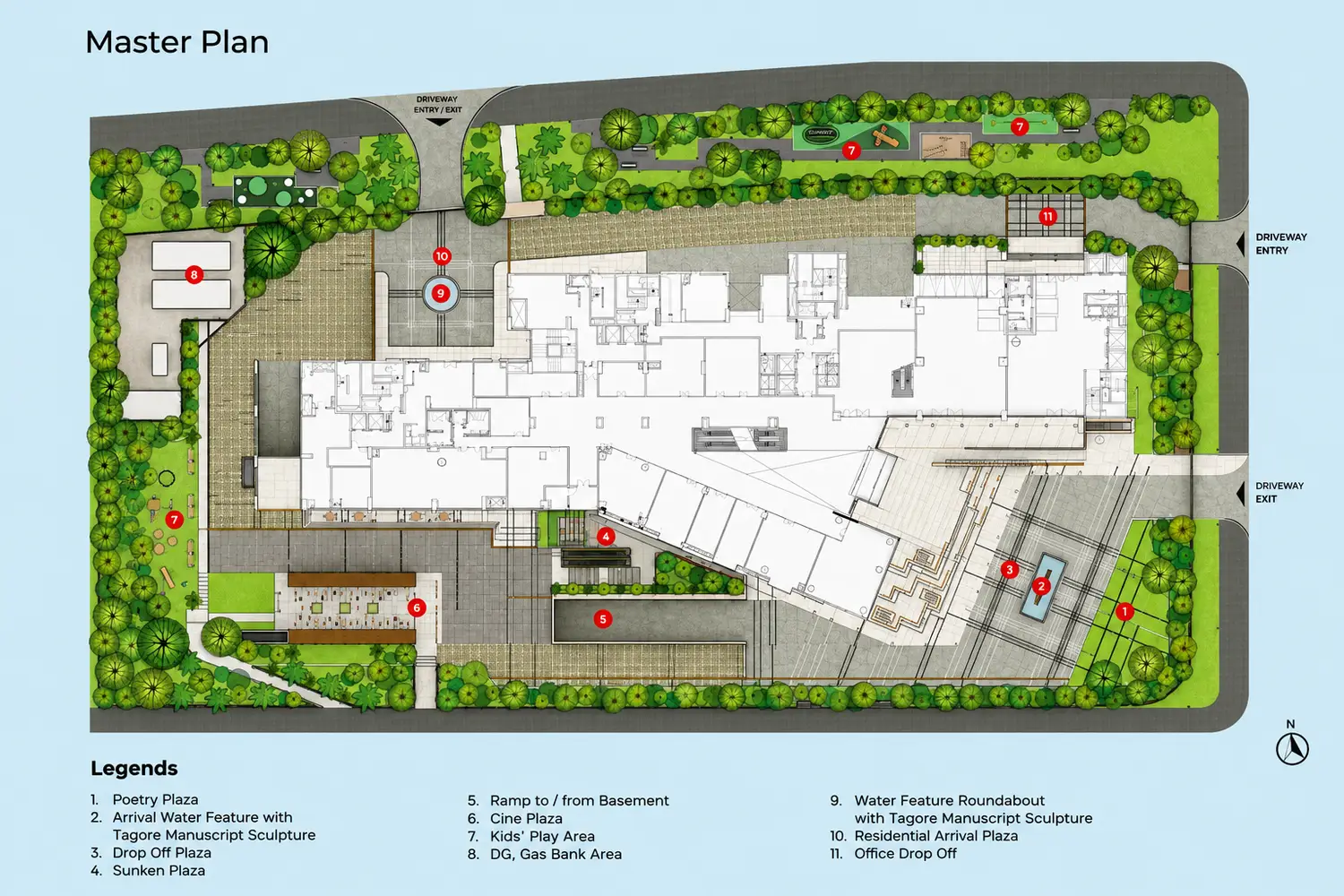 Master plan of Peerless Trayam in New Town, Kolkata, showing the landscaped development layout with driveway entrances, arrival and drop-off plazas, water feature with Tagore manuscript sculpture, sunken plaza, Cine Plaza, kids’ play area, basement ramp, and dedicated residential and office access.