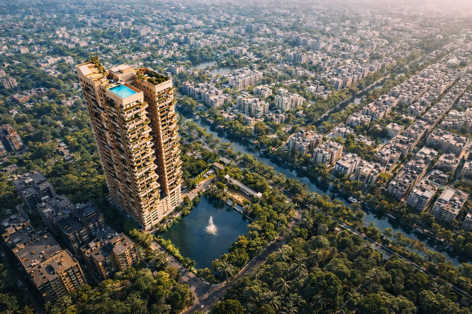 Udyatt aerial view showcasing a high-rise residential tower surrounded by lush greenery, landscaped gardens, water bodies and the surrounding urban landscape.