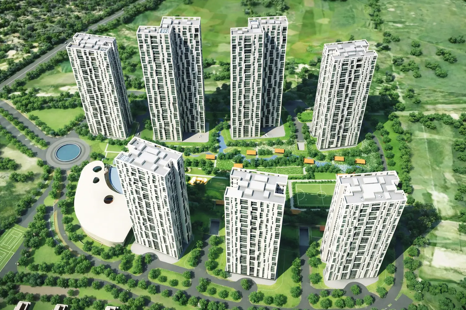 Top View of Urbana in Kolkata, featuring multiple modern high-rise towers arranged around landscaped gardens, with tree-lined pathways, water features, a clubhouse structure, and recreational spaces including a sports court, showcasing a well-planned, green urban community.