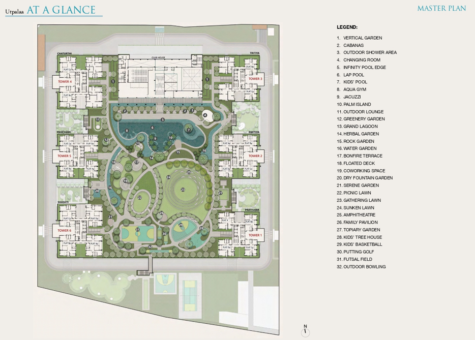 Utpalaa master plan and ground plan illustration highlighting residential towers, landscaped gardens, swimming pools, recreational amenities, parking layout, and internal pathways within the project.